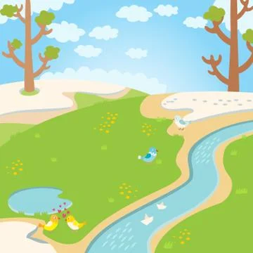 Natural green grass spring background with river, trees, birds and white clouds Stock Illustration