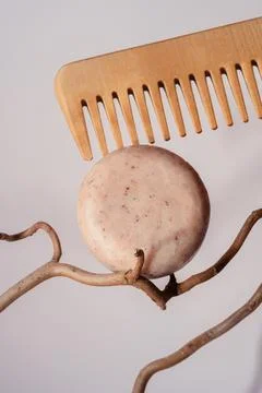 Natural handmade artisan solid shampoo soapbar on a branch with wooden comb Stock Photos