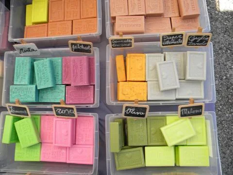 Natural handmade soap with multi-colored patterns and different shapes on t.. Stock Photos