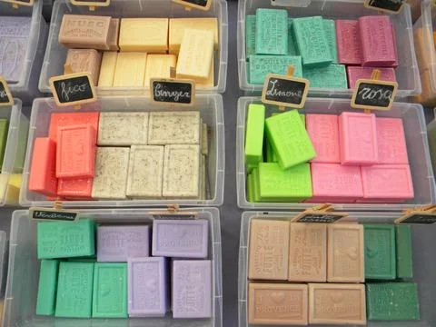 Natural handmade soap with multi-colored patterns and different shapes on t.. Stock Photos