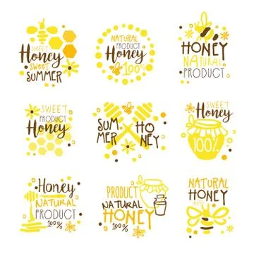 Natural Honey Products 100 Percent Organic Set Of Colorful Promo Sign Design Stock Illustration