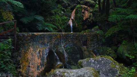 Natural hot spring thermal spa with waterfall in Natural Reserve of Caldeira Stock Footage 265174489