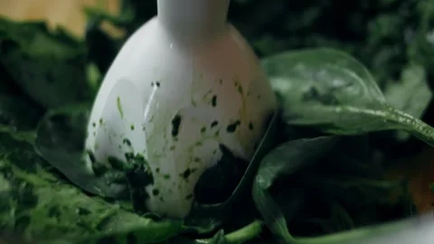 Natural immersion blender pureeing cooked spinach leaves in overhead, 4K Stock Footage 341110248