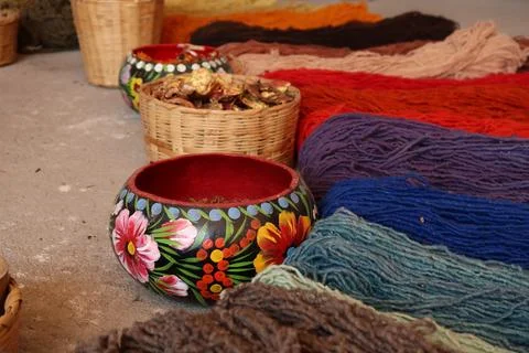Natural ingredients needed to dye the threads for a traditional mexican car.. Stock Photos