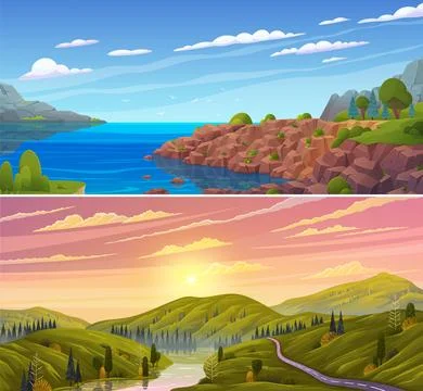 Natural landscape background with mountains at down, clear sky and clouds, river Illustrazione stock