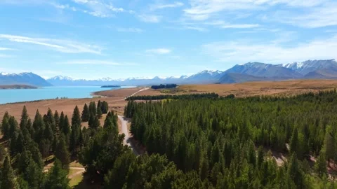 A natural landscape composed of snow-capped mountains, lakes, forests and plains Stock Footage 260881773