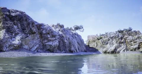 Natural landscape featuring rocky cliffs and calm water under blue sky Stock Illustration