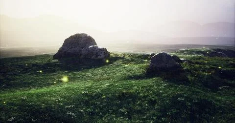 Natural landscape with glowing elements at dusk in a serene setting 스톡 일러스트