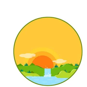 Natural landscape in logo circle. Waterfall and pond with green hill Stock Illustration