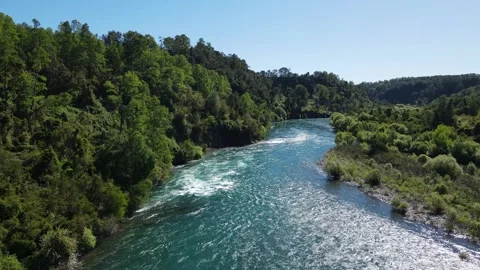 Natural landscape river between forests and mountains drone at height Stock Footage 292565137