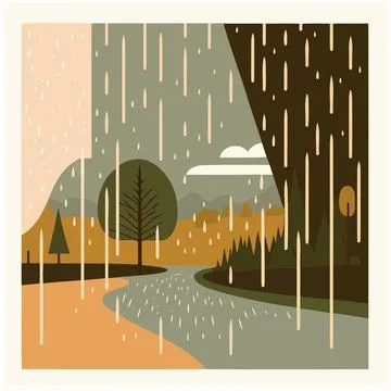 Natural landscape with river during a rain Stock Illustration