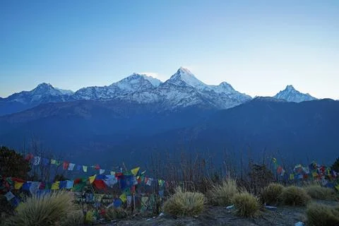 Natural landscape of Snowcapped mountain view of Poon hill ridge Stock Photos