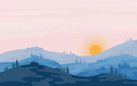 Natural landscape at sunset. Sunset on the background of hills and trees. Stock Illustration