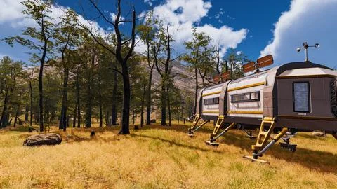 Natural landscape with technological elements of the future 3d render Illustrazione stock