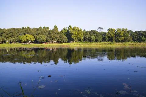 Natural landscape view Reflection of trees in the lake water against blue sky Stock Photos