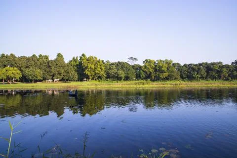Natural landscape view Reflection of trees in the lake water against blue sky Stock Photos