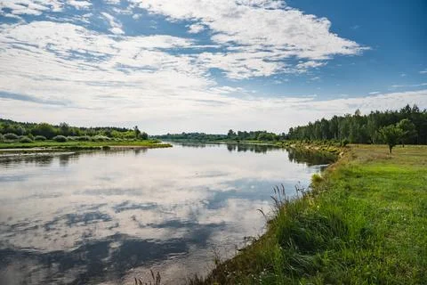 The natural landscape of the wide Bug River in the Podlaskie Voivodeship in.. Stock Photos