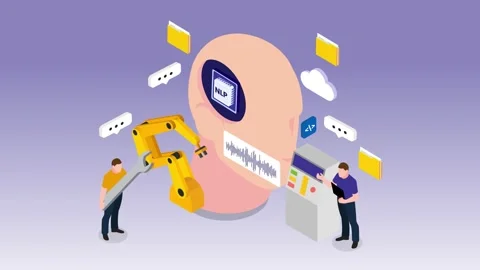 Natural Language Processing AI Concept with Engineers and Humanoid Head Pro.. Stock Footage 337945071