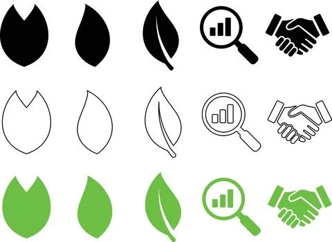 Natural leaf growth graph handshake icons environmental black line art. Stock Illustration