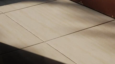 Natural Leaf Shadows Cast Across a Sunlit Ceramic Tile Floor Stock Footage 346150692