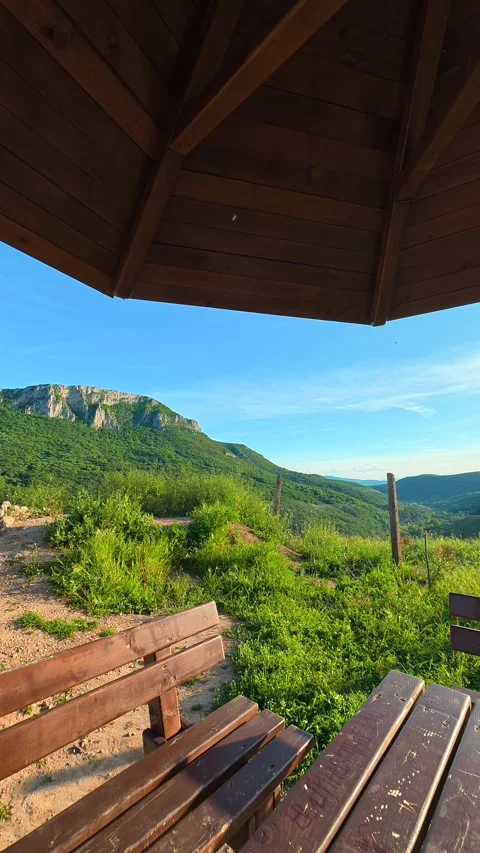 Natural light bathes rustic bench. Sicevo Gorge, Serbia. Vertical Stock Footage 337058240