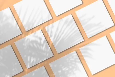 Natural light casts shadows from the palm tree on several square sheets of white Stock Illustration