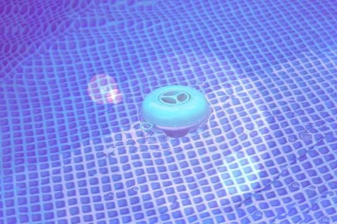 Natural light. frame pool. a container with solid tablets floats in the poo.. 스톡 사진
