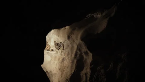 Natural limestone cave texture with stalactites and stalagmites in darkness. Stock Footage 321702692