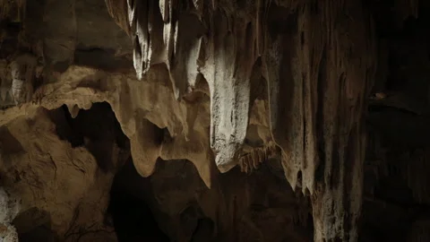 Natural limestone cave texture with stalactites and stalagmites in darkness. Stock Footage 321703333