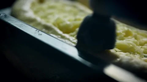 Natural minced meat mixture spread over fresh pide dough in overhead, 4K Stock Footage 341114345