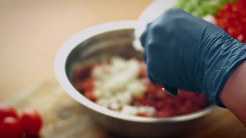 Natural minced meat spooned into a long dough shell in detail, 4K Stock Footage 341113771
