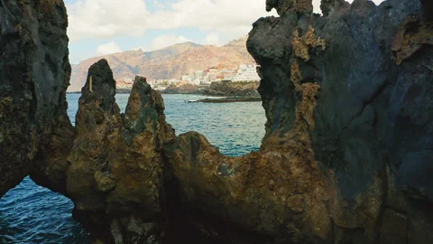 Natural ocean swimming pool of Devil. Aerial flight walk through dangerous rocks Stock Footage 224579001