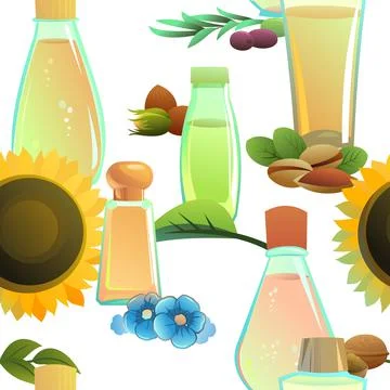 Natural oils items seamless pattern. Cartoon style. Extracted from nuts and p Stock Illustration
