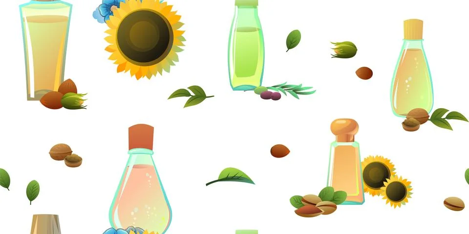 Natural oils items seamless pattern. Cartoon style. Extracted from nuts and Stock Illustration