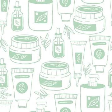 Natural Organic Cosmetic Seamless Pattern Doodle. Green Outline Cream, Skin.. Stock Illustration