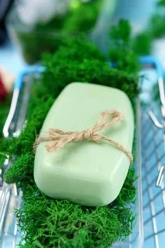 Natural, organic, handmade solid green soap. Zero waste cosmetics concept. Se 스톡 사진