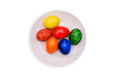 Natural painted eggs. Easter eggs lie on a white plate. Easter holiday Foto stock