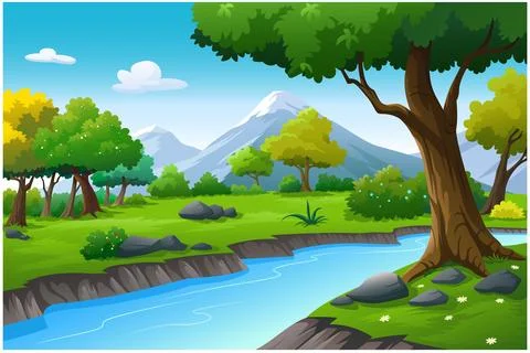 On the natural path, there are trees and mountains. Stock Illustration