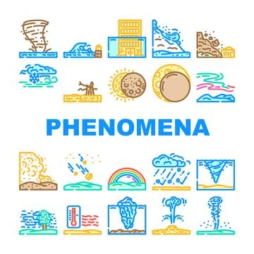 Natural phenomena eclipse tsunami icons set vector Stock Illustration
