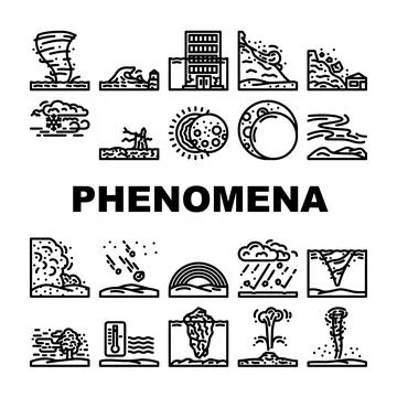 Natural phenomena eclipse tsunami icons set vector Stock Illustration
