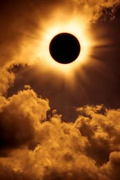 Natural phenomenon. Solar eclipse space with cloud on gold sky background. Stock Photos