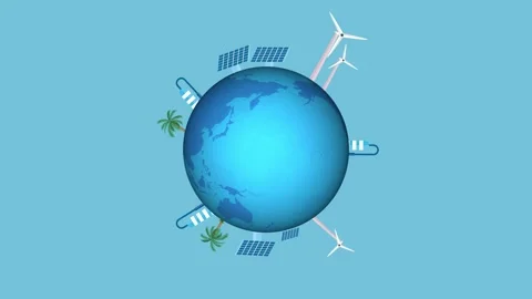 Natural power supply concept with a globe, windmills, and solar panel 4K anim Stock Footage 187733404