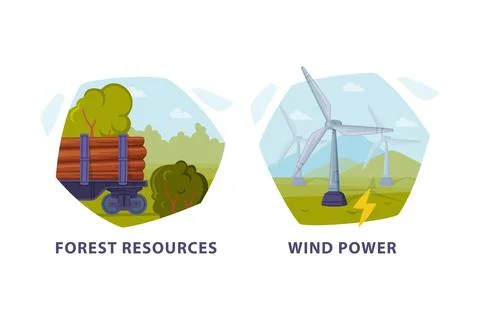 Natural Resource with Forest and Wind Power Hexagonal Shape Picture Vector Set Stock Illustration