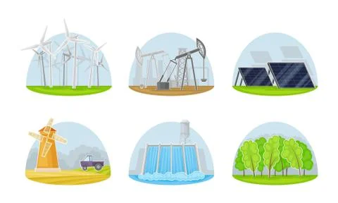 Natural Resources with Wind Generator and Solar Cell Battery Vector Set イラスト素材