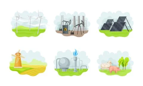 Natural Resources with Wind Generator and Solar Cell Battery Vector Set Illustrazione stock