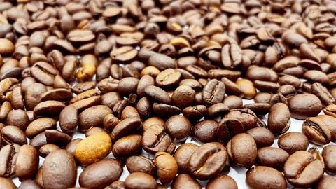 Natural roasted coffee beans on a white background. Stock Photos