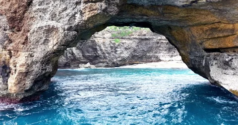 Natural Rock Arch at Broken Beach (Pasih Uug), Nusa Penida Bali Stock Footage 331212833