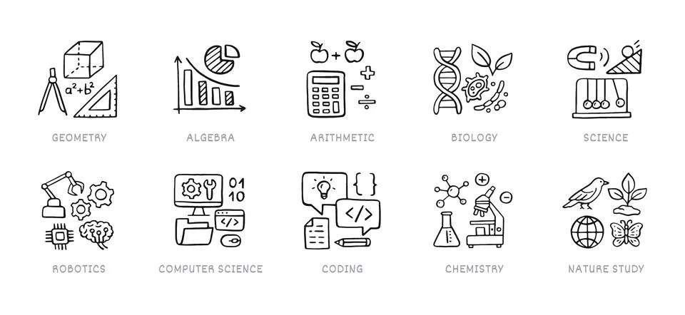 Natural sciences doodle icon set. School subjects - geometry, math, biology Illustrazione stock