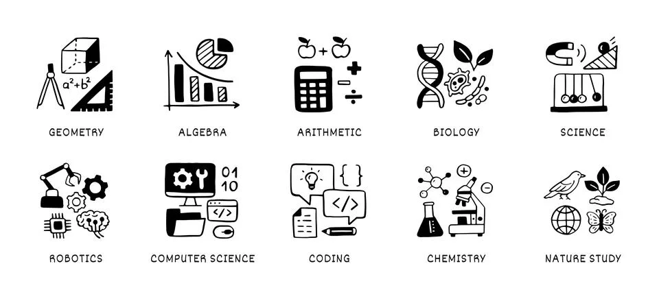 Natural sciences doodle icon set. School subjects - geometry, math, biology Illustrazione stock