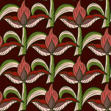 Natural seamless pattern with abstract big tulip flowers elements. Dark maroo 库存插图